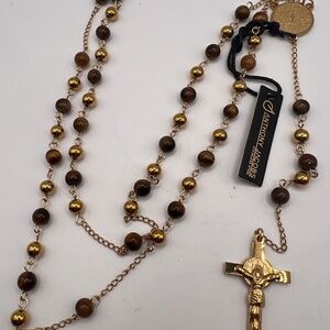 Anthony Jacobs‎ Men's Genuine Tiger's Eye Rosary Necklace Gold Tone New